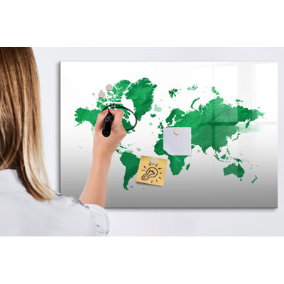 Magnetic Memo Board Whiteboard - 90 x 60 cm - With Marker and Magnets - Green map of the world