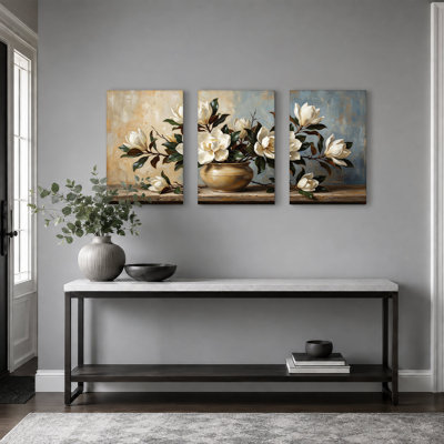 White Magnolias in Terracotta Pot Set Of 3 Canvas Wall Art