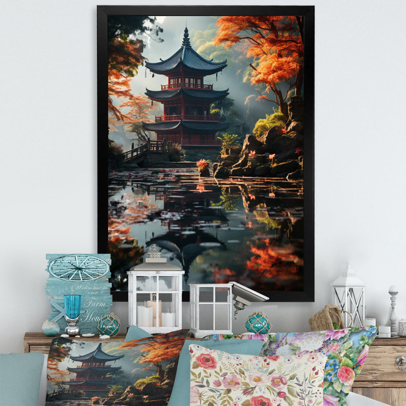 Teije, art asiatique, pagode sereine - impression, Impression noire sur toile encadrée, H 32 po x l 16 po x P 1 po