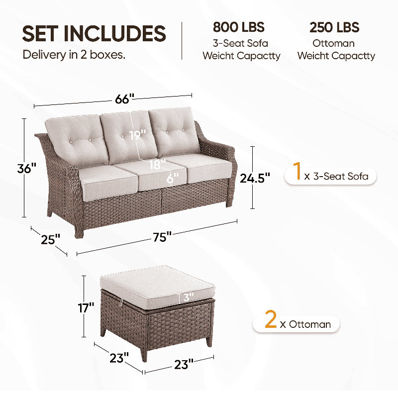 Elona 74'' Powder Coated Steel Outdoor Patio Sectional With Sofa And Ottomans And Cushions