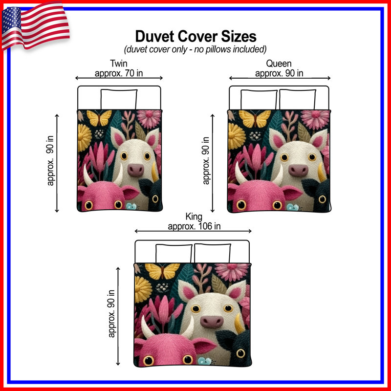 Housses de couette fantaisistes vaches et fleurs, Lit simple