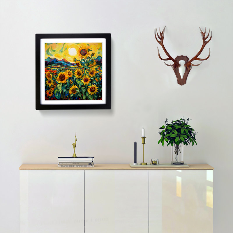 Sunflower Field Expressionism - Framed Print, Black