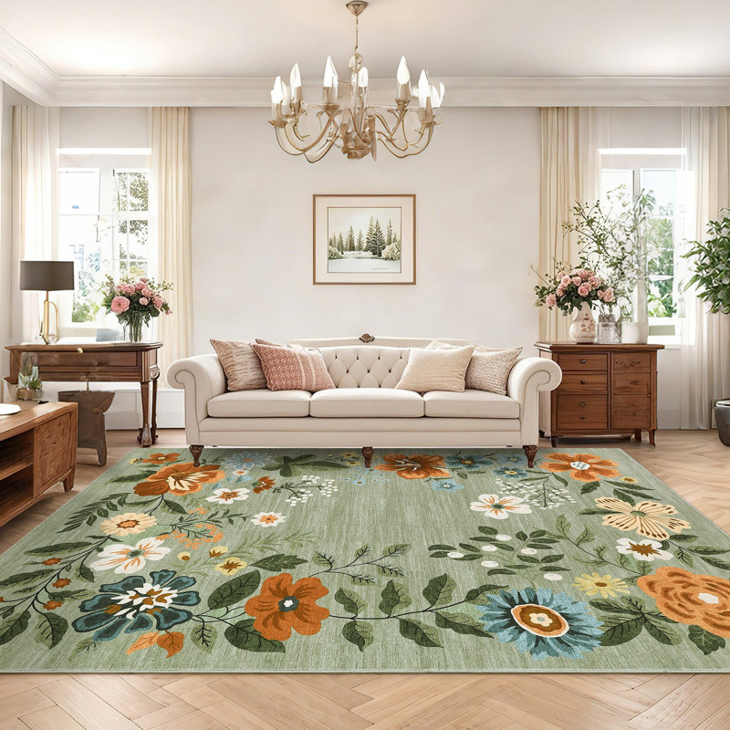 6'x9' Floral Wreath Area Rug, Washable Non Slip Non Shedding Low Pile Stain Resistant Foldable Soft Carpet for Entryway Kitchen Bathroom Green