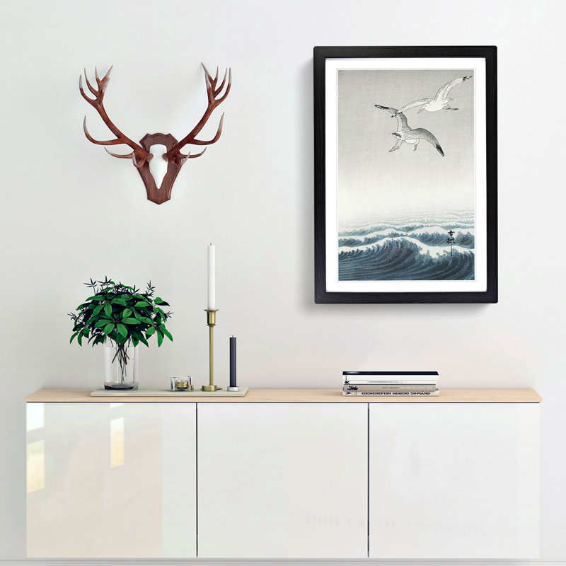 Three Seagulls by Ohara Koson - Picture Frame Painting Print, 48cm H x 36cm W x 2cm D, Black Framed