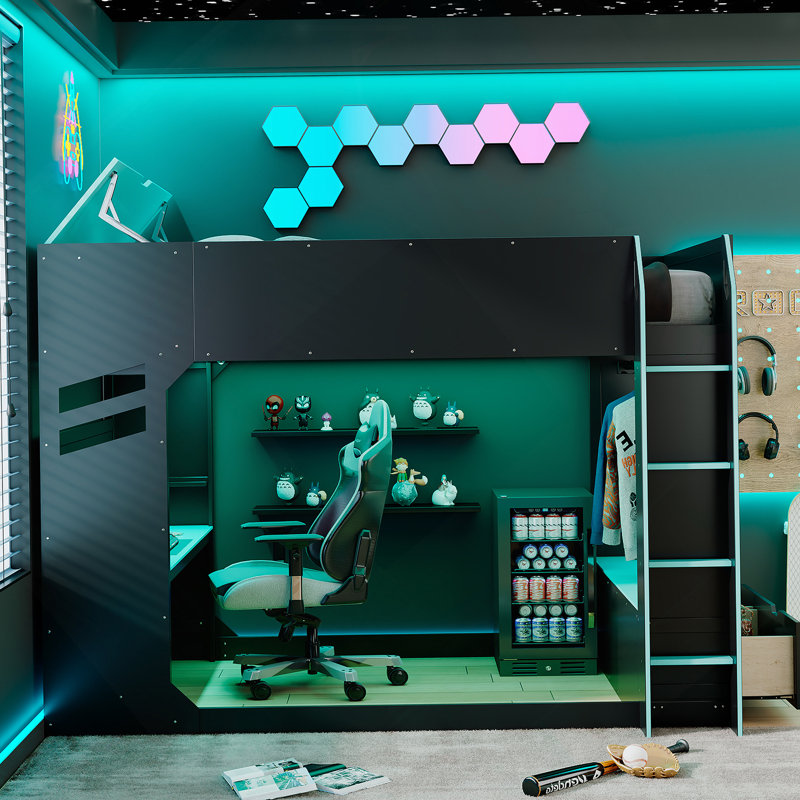 Lit mezzanine en bois avec bureau à hauteur réglable, cadre de lit avec tiroirs, compartiments de rangement et lumières RVB