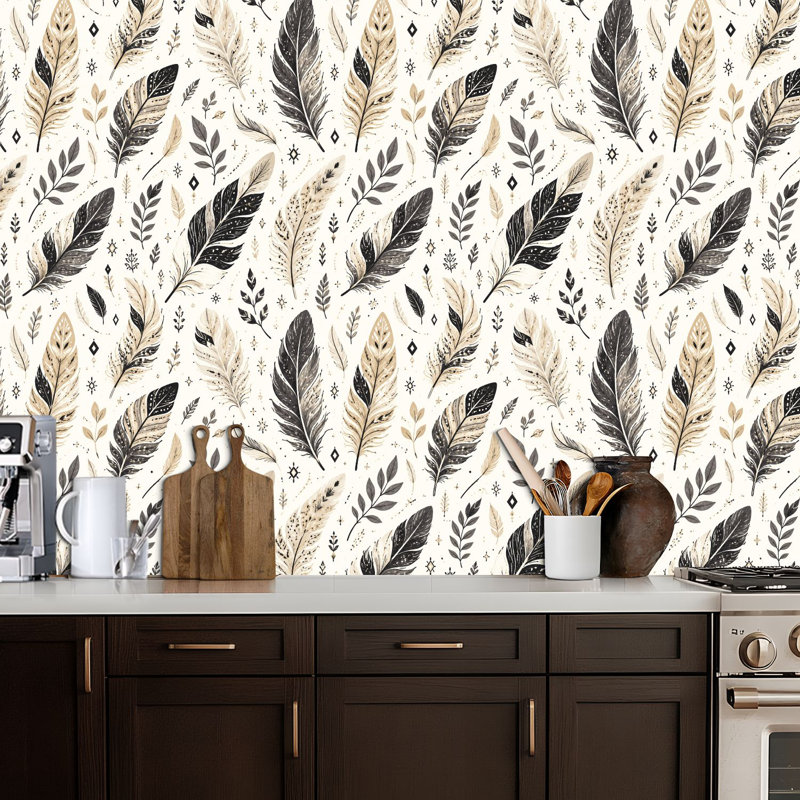 Papier peint auto-adhésif à motif de plumes à motif de plumes beige et noir, adhésif et amovible 17,7 po x 118 po (45 x 300 cm)