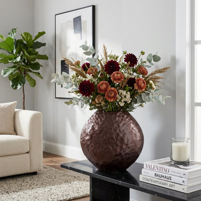 Tall Sculpted Round Metal Vase for Home Decor - Textured Flower Vase for Table Centerpiece, Shelf Accent, or Entryway Decor