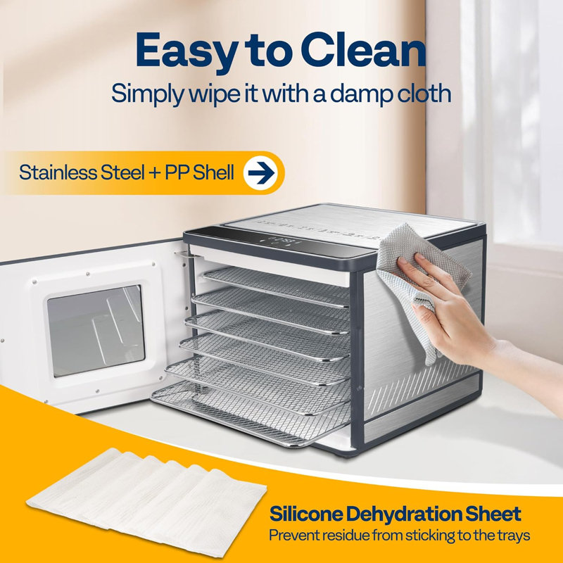 6-Tray Silver Stainless Steel Food Dehydrator with Timer and Temperature Control