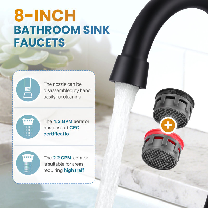 8 Inch Widespread Double Handle Bathroom Faucet With Pop Up Drain, Matte Black