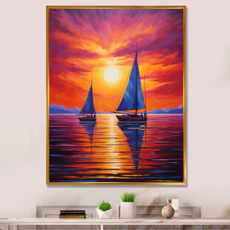 Voilier au coucher du soleil sur une toile, L 16 po x H 32 po, Cadre flottant doré