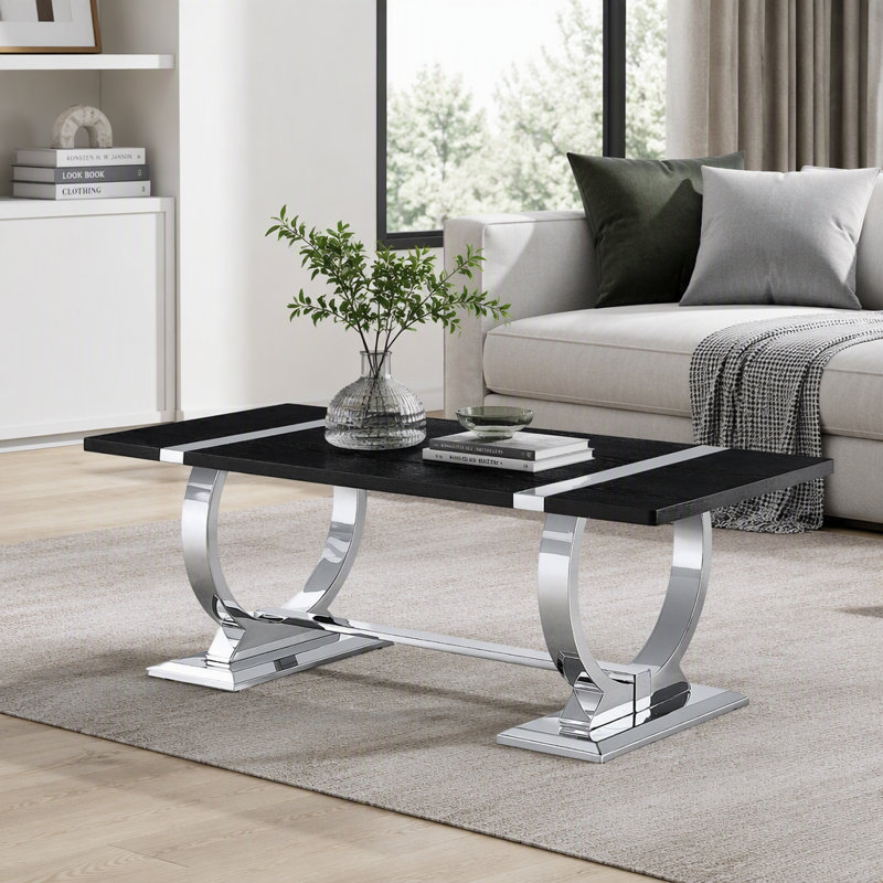 Table basse rectangulaire à piètement tréteau, de style contemporain, pour salon., Noir / Argenté