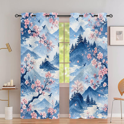 2Pcs Japanese Mountain Sakura Landscape Print Grommet Blackout Curtains, Elegant Cherry Blossom Mountain Scenery Pattern, Thermal Insulated, Noise Reducing & Privacy Protection, Stylish Indoor Home Decor for Bedroom, Living Room, Dormitory