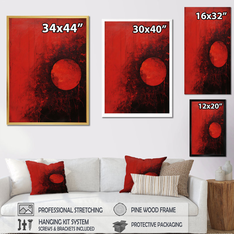 Lune rouge, sphère écarlate, Cadre simple noir, H 40 po x l 30 po x P 1,5 po
