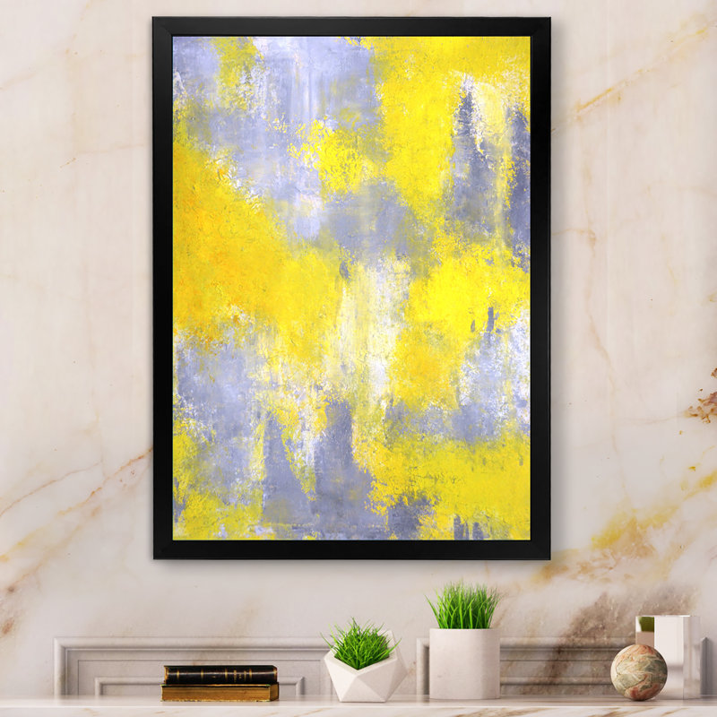 Gris et jaune fusionnant abstrait X - Peinture sur toile, H 12 po x l 8 po x P 1 po, Cadre noir