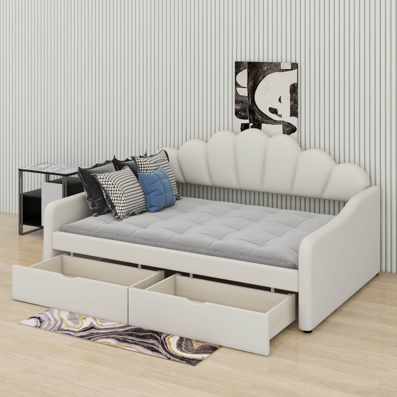 Full Size Upholstered Daybed Frame With Shall Shaped Backrest & 2 Drawers, Velvet Fabric, Beige