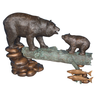 Statue en bronze géant Family Bear On Log - Taille: L 61 po x l 34 po x H 45 po.