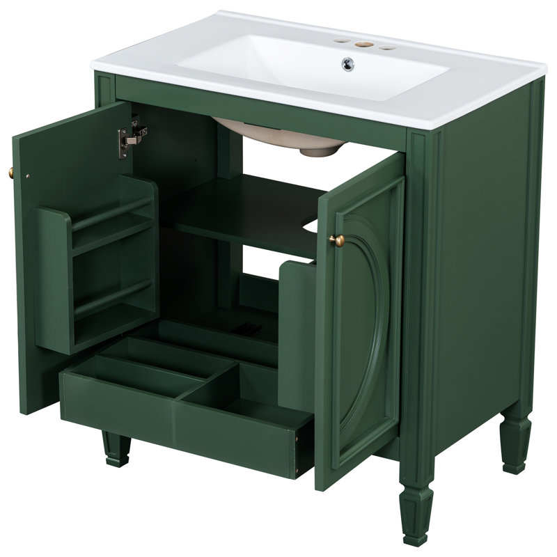 Meuble-lavabo de 152 cm (60 po), portes à l'allure vintage, en bois massif, lavabo en céramique avec trop-plein en métal, meuble de rangement avec tiroir à deux niveaux, design élégant, fabrication soignée, lavabo lisse, fermeture amortie