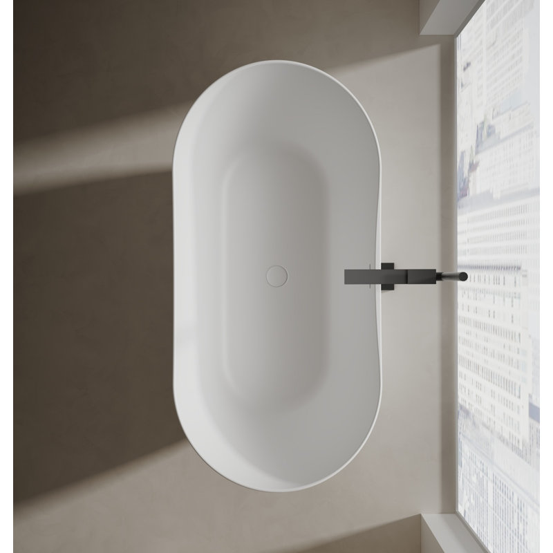 MonBlari 59" X 29.5" Solid Surface Freestanding White Soaking Bathtub With Overflow And Pop-up Drain For Bathroom