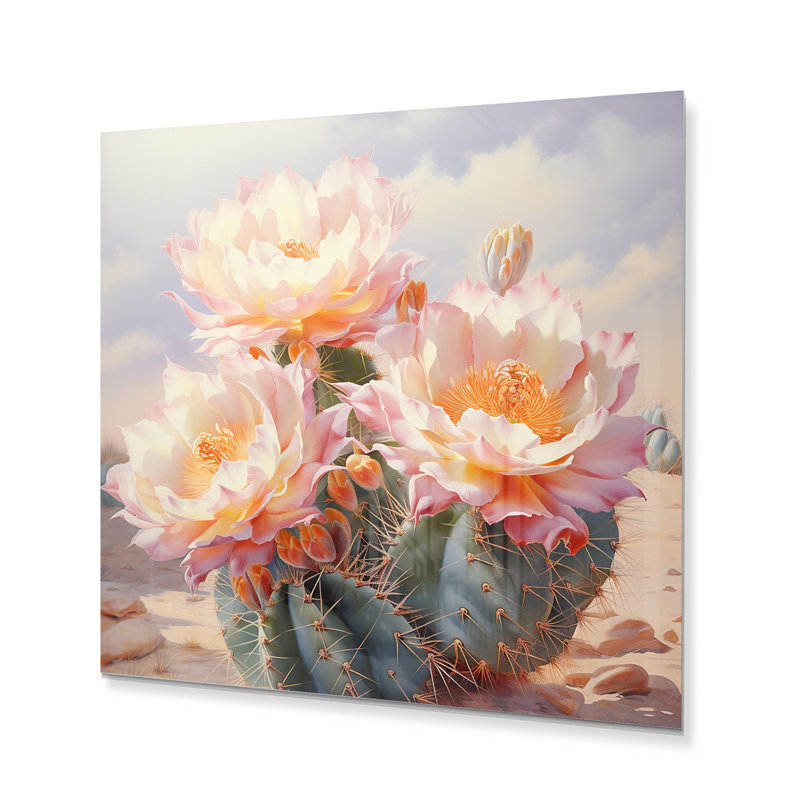Cactus rose, vert, impression romantique III - impression florale sur métal, H 36 po x l 36 po x P 1 po