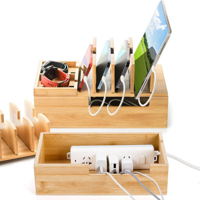 Bamboo Charging Station, Charging Stand for Multiple Devices, Electronic Device Desktop Dock Stations Organizer