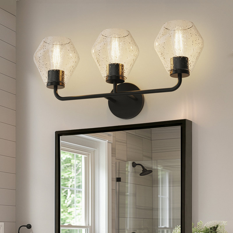 Éclairage pour salle de bain moderne à 3 lumières avec abat-jour en verre bullé Alburtis