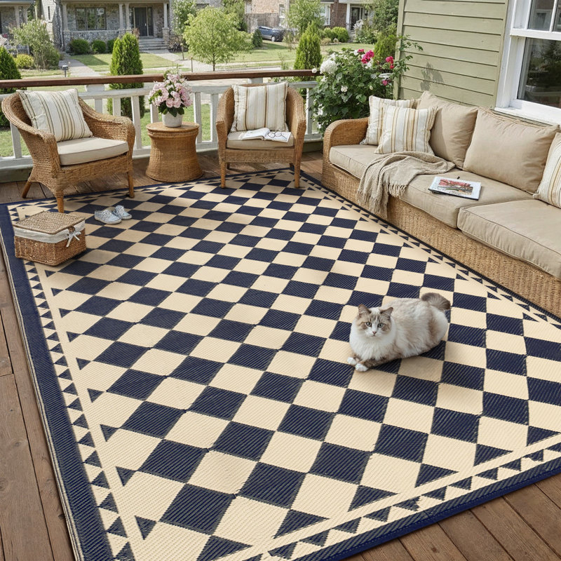 Tapis d'extérieur réversible imperméable à carreaux géométrique Enzo, Rectangulaire 8 pi x 10 pi, Jaune / Blanc