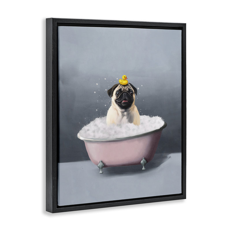 «Bathing Pug» avec toile canard en caoutchouc encadrée par Svetlana Aleynikova, Cadre flottant noir de jais