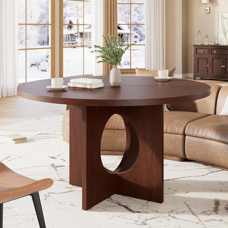 47" Round Dining Table for 4‑6, Circle Kitchen Table with Sturdy Pedestal Base for Apartment, Living Room, Brown