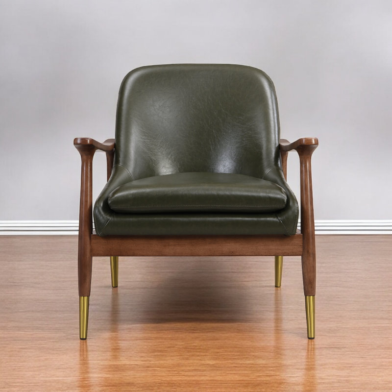 Fauteuil d'appoint Mid-Century moderne en similicuir 29,18 po avec pieds en bois massif, Polyuréthane vert