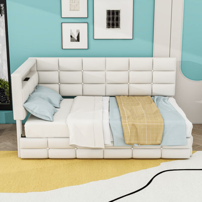 Twin Wooden Upholstered Daybed with LED Lights, 2 Drawers and Charging Station