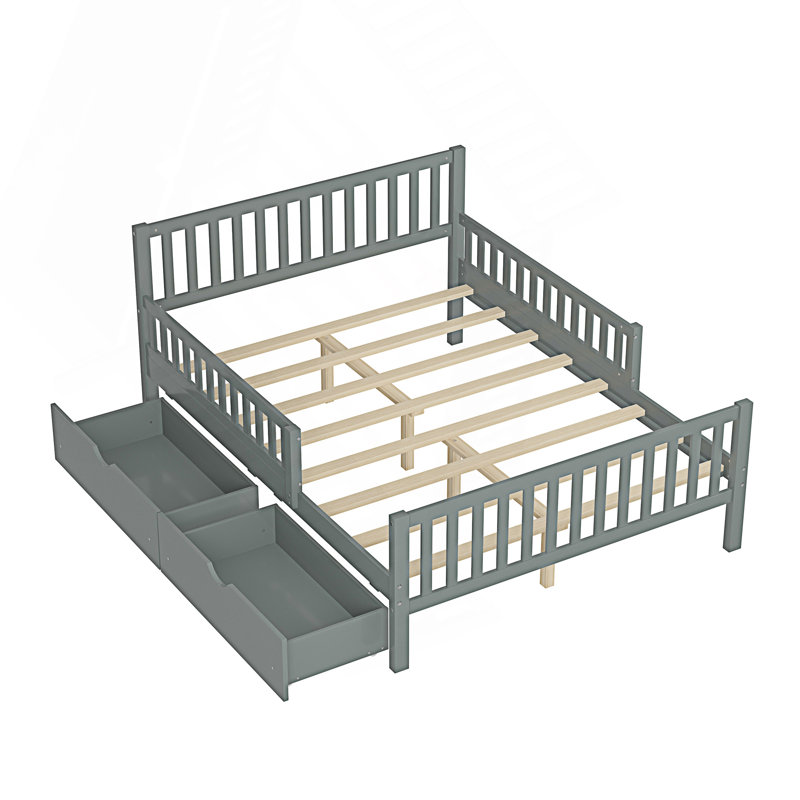 Lit plateforme avec garde-corps des deux côtés et deux tiroirs de rangement, Lit double
