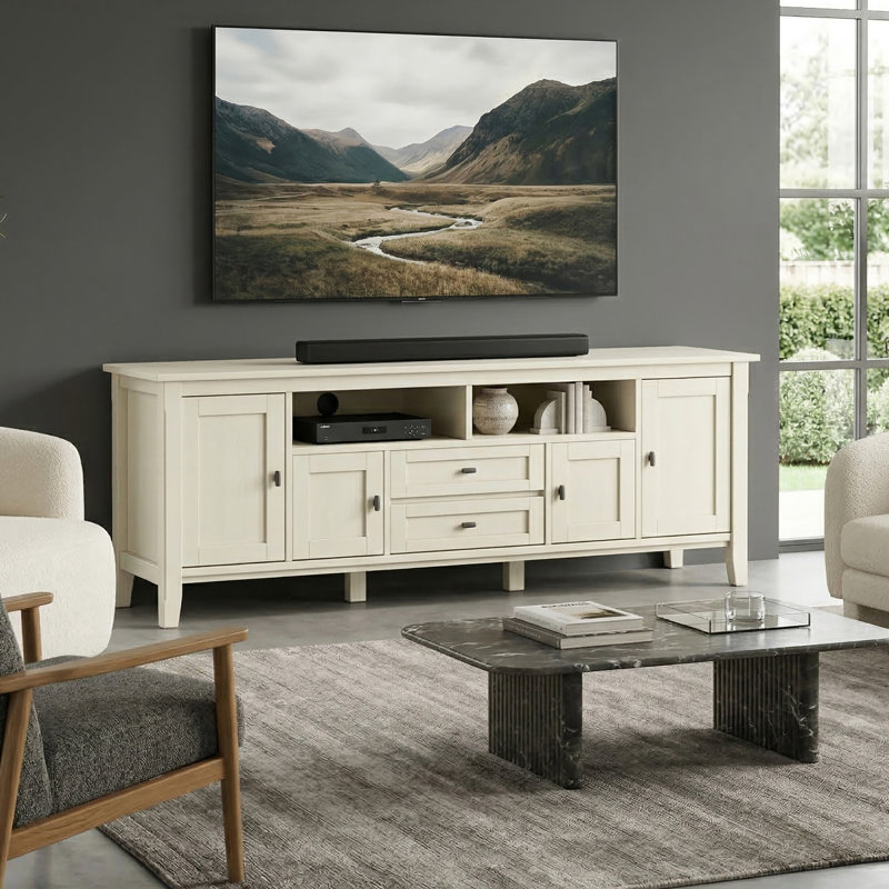 Warm Shaker 72"W Solid Wood Transitional TV Stand for TVs up to 80" with 4 Cabinets, 1 Drawer, and Flip-Down Compartment