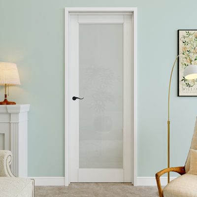 30" x 80" 1-Lite Frosted Glass Interior Prehung Door with Curve Lever and Black Hinges, Privacy Glass Door Slab, Paintable & Waterproof, Suit for Laundry, Closet Doors, Room Doors, Right Hand