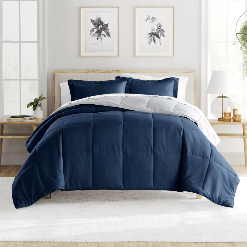 Reversible Down-Alternative Comforter Bedding Set, Twin/TwinXL Comforter + 1 Sham, Navy