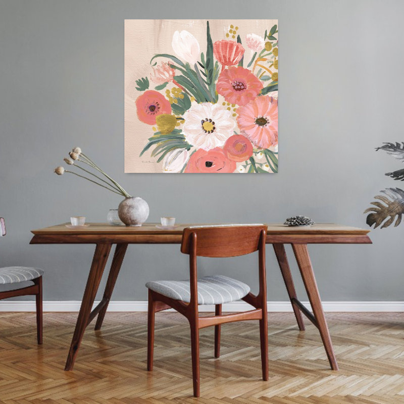 Art contemporain rétro floral iv retourné avec bouquets bleus, H 32 po x l 32 po