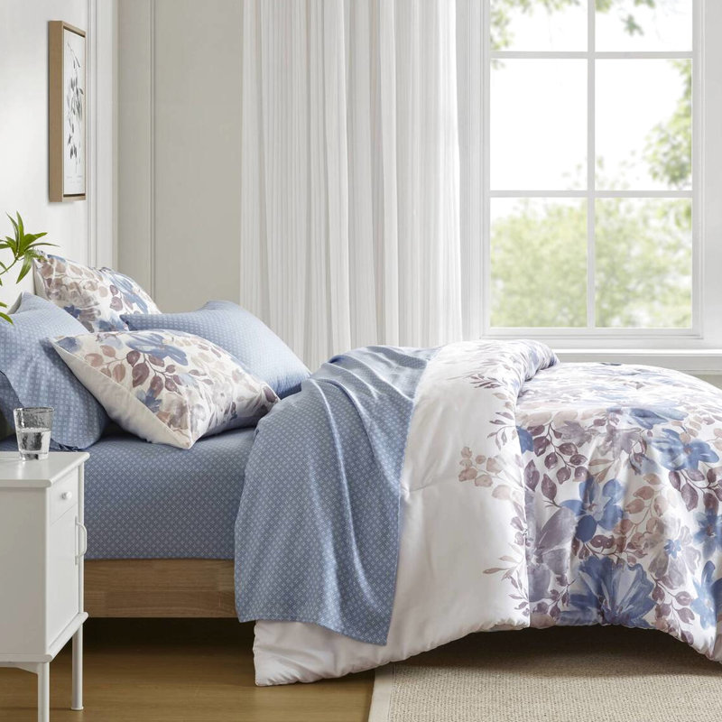 Literie pleine fleur bleue, édredon avec 2 taies décoratives, draps, drap-housse de meilleure couverture et rembourrage, 85,07 po de profondeur, lavable en machine