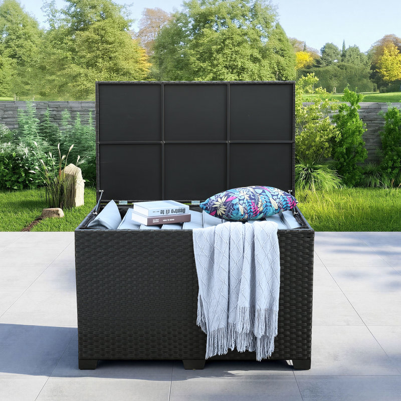 Rattaner Resistant Wicker Deck Box with Gas Spring Lid and Zippered Waterproof Inner Bag, Black, 29.7" H x 46.5" W x 28.3" D