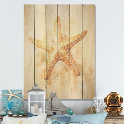 Étoile de mer minimaliste beige et or - Étoile de mer, art sur bois de pin naturel