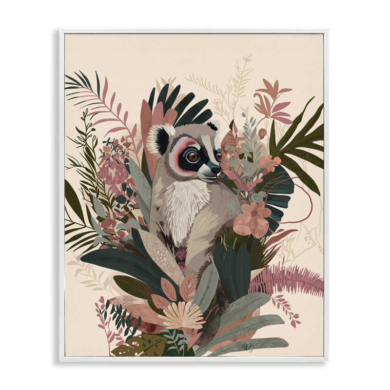 Lémurien avec plantes d'hibiscus, estampe numérique encadrée par Fab Funky, H 20 po x l 16 po