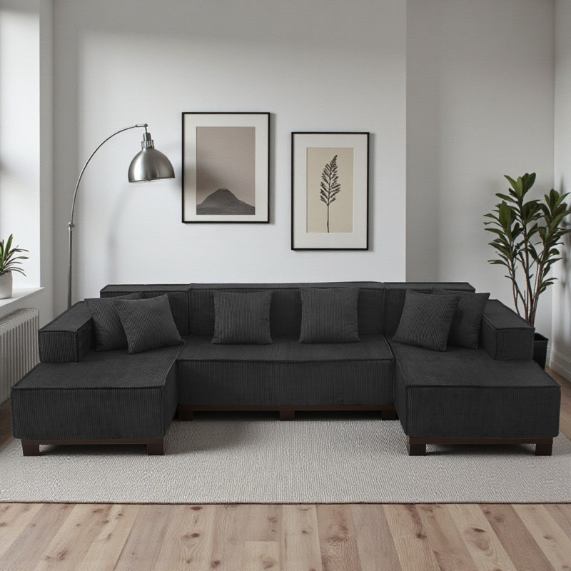 Canapé modulaire en U Corduroy, Velours côtelé noir