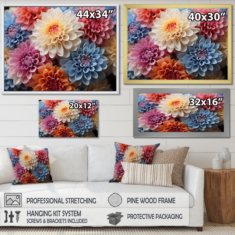 Chrysanthèmes vibrants, collage I, H 16 po x l 32 po x P 1 po, Cadre flottant blanc