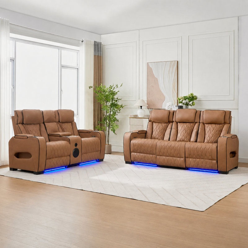 Ensemble de canapés inclinables 2 pièces, canapé inclinable 3 places et causeuse avec lumières DEL, porte-gobelets, console de rangement et surpiqûres en losange, ensemble de meubles de salon en similicuir