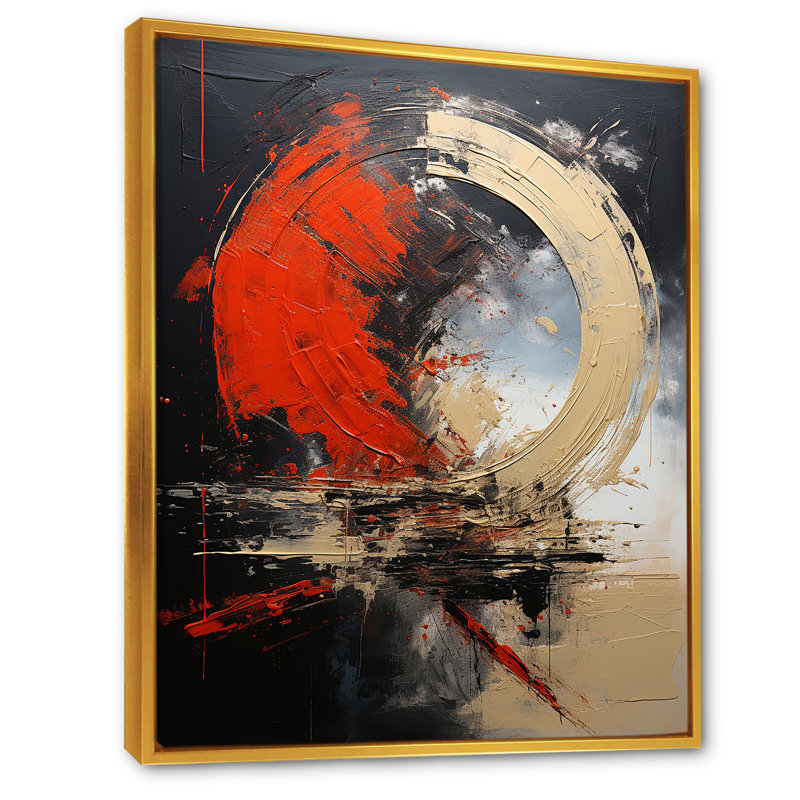 Red Moon Shapes - Art mural abstrait, Cadre flottant doré, H 32 po x l 24 po x P 1 po