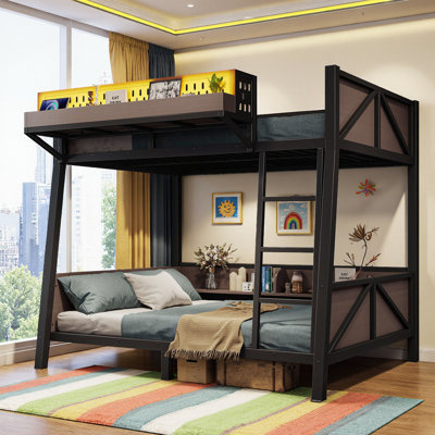 Metal Bunk Bed with Storage Shelves, LED Lights and USB Ports