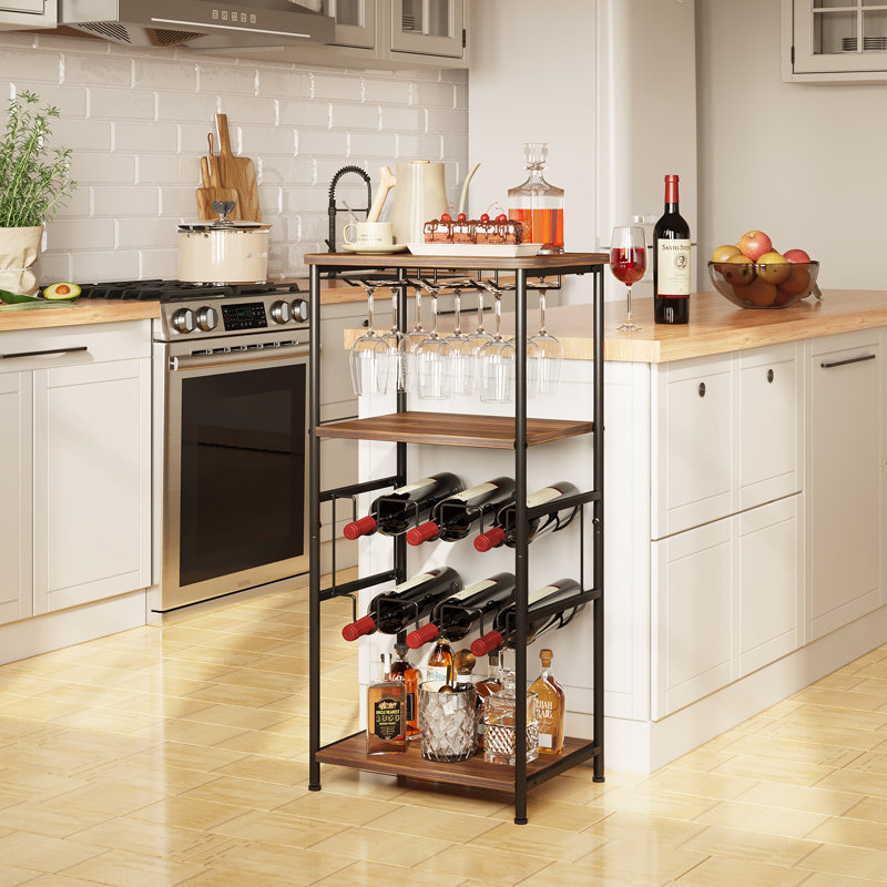2-Tier 6 Bottles Wine Rack Free Standing Floor With Wine Glasses Holder,Wooden Table Top 