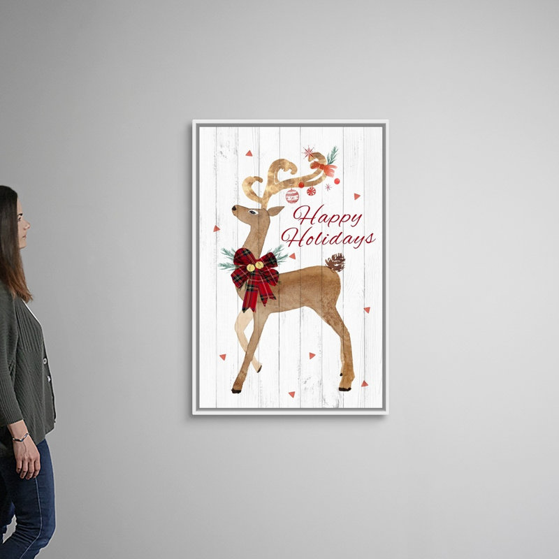 «Happy Hoildays Deer», reproduction d'art textuel sur toile, H 50 po x l 34 po x P 1,75 po, Cadre blanc