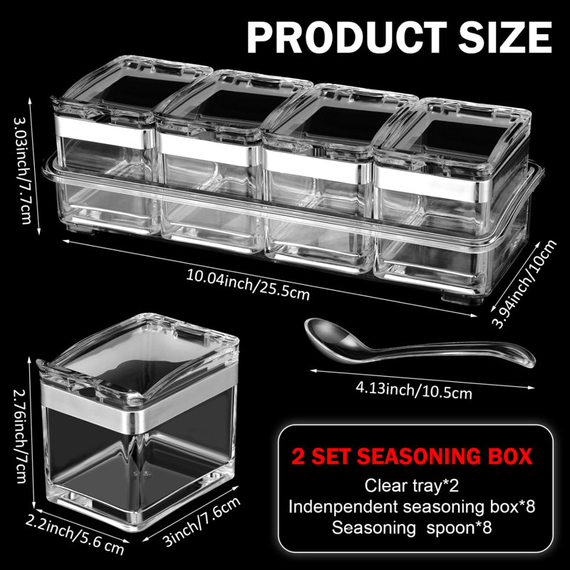 2 Set Acrylic Seasoning Organizer Box 8 Pcs Clear Seasoning Rack Spice Pots Condiments Containers With Lids And Spoons Storage Container Spice Jar For Salt Sugar Cruet Kitchen Cooking Organizer