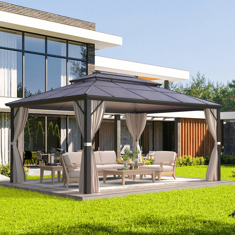 12 X 16ft Outdoor Gazebo With Polycarbonate Double Hardtop Roof, Aluminum Frame, Netting & Curtains For Patio, Garden, And Deck