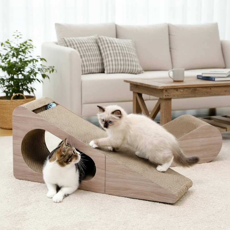 Un grand grattoir à chat à trois côtés avec des poteaux à griffer, fait de carton ondulé durable et résistant aux rayures, et comprend une balle de chat amusante. Convient pour les chats adultes et les chats à l'intérieur.