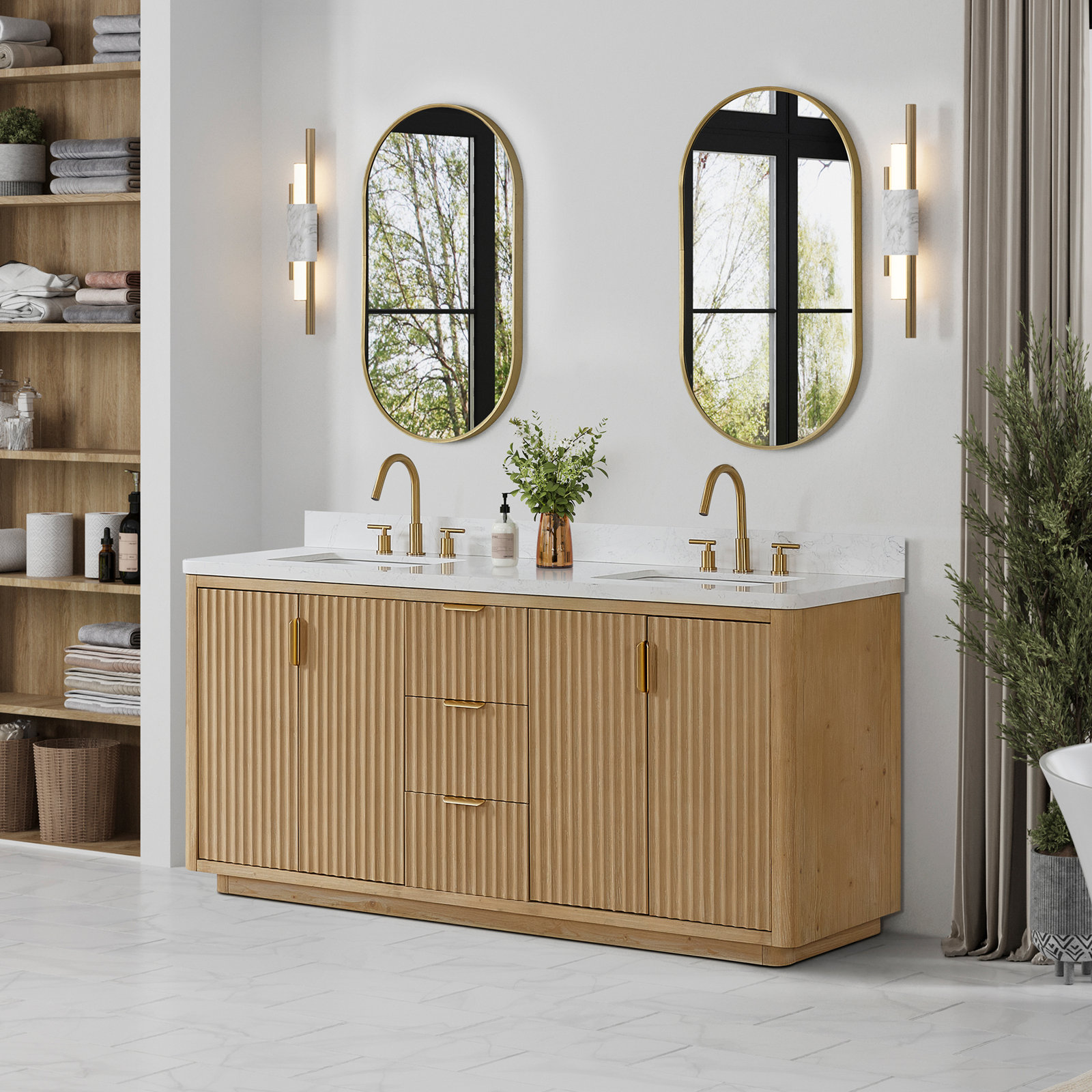 Adela 72'' Double Bathroom Vanity, White, Brown, Gold